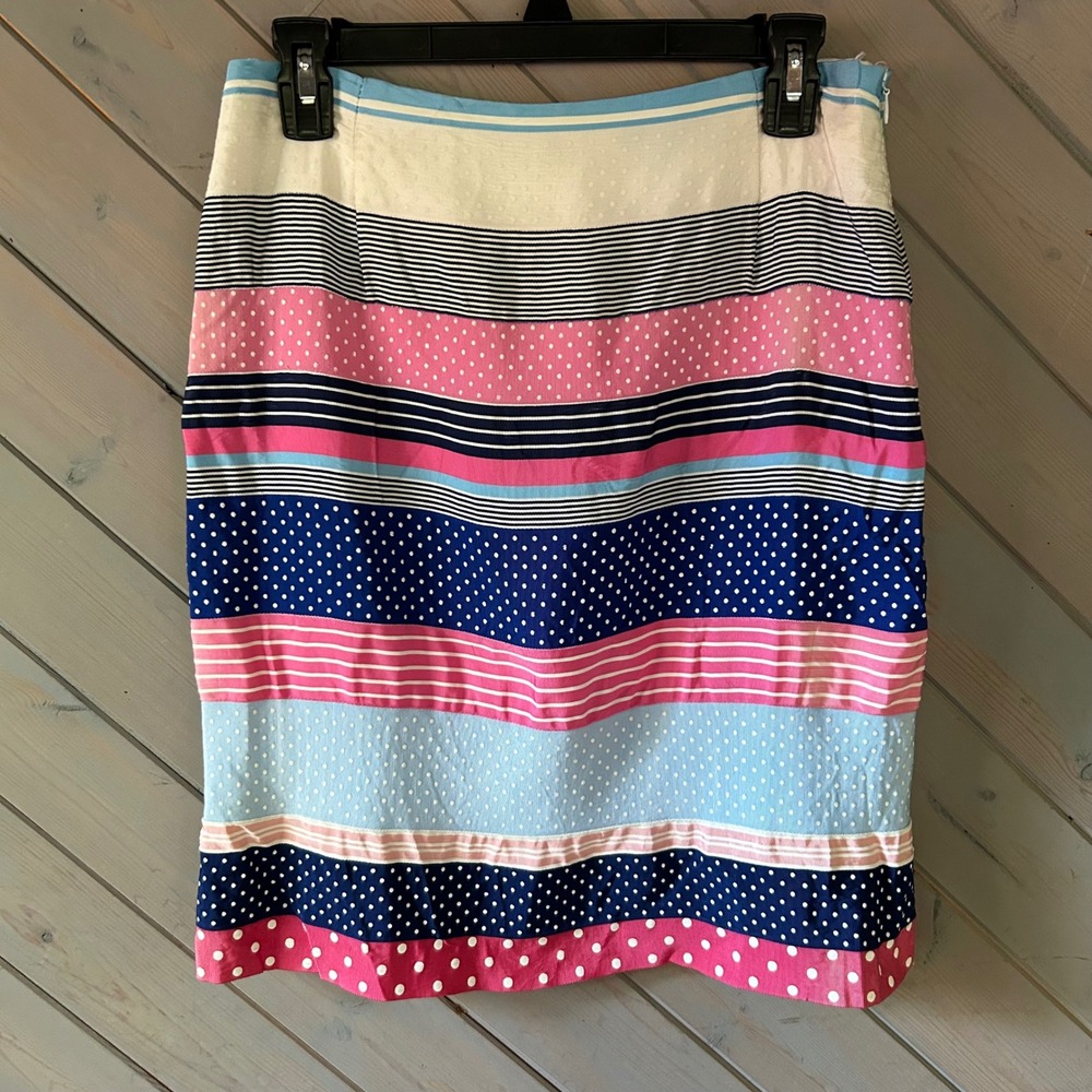 J. McLaughlin Womens‎ Pink Navy Blue Polka Dot Striped Pencil Skirt Size 10 USA